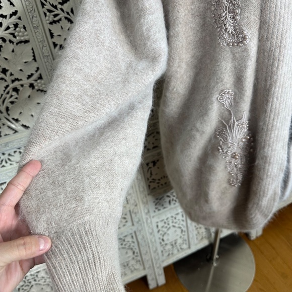 Vintage Angora Wool Blend Neutral Cream Pearl Beaded Fuzzy Oversized Cardigan - Picture 3 of 7